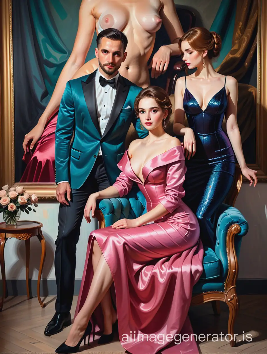 1man, 1woman, a man in a jacket sits in an armchair, next to stands a woman in an evening dress, putting her hand on the man's shoulder, the painting is made in the artistic style of oil paints