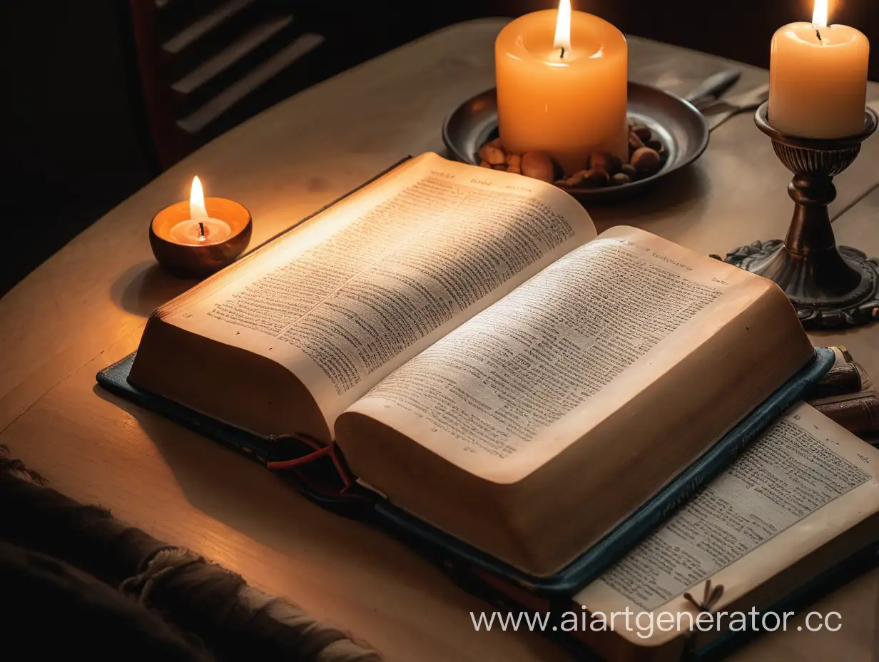 Открытая библия возле горящей свечи, на столе