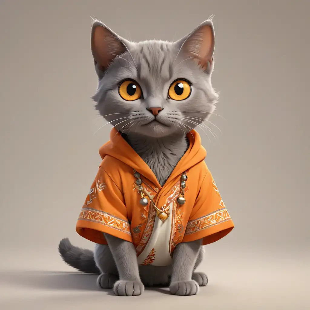 a adorable for dark gray cat orange ayes short hair in cartoon style, full body, in arab gulf country  clothes, clear background