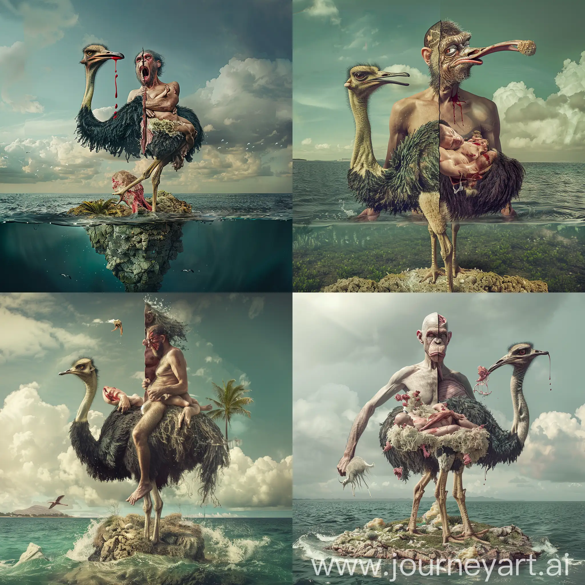 a man split into halves verticaly,half human half half ape,ride an ostrich,on an island in the sea,eating a human body,realistic phtography