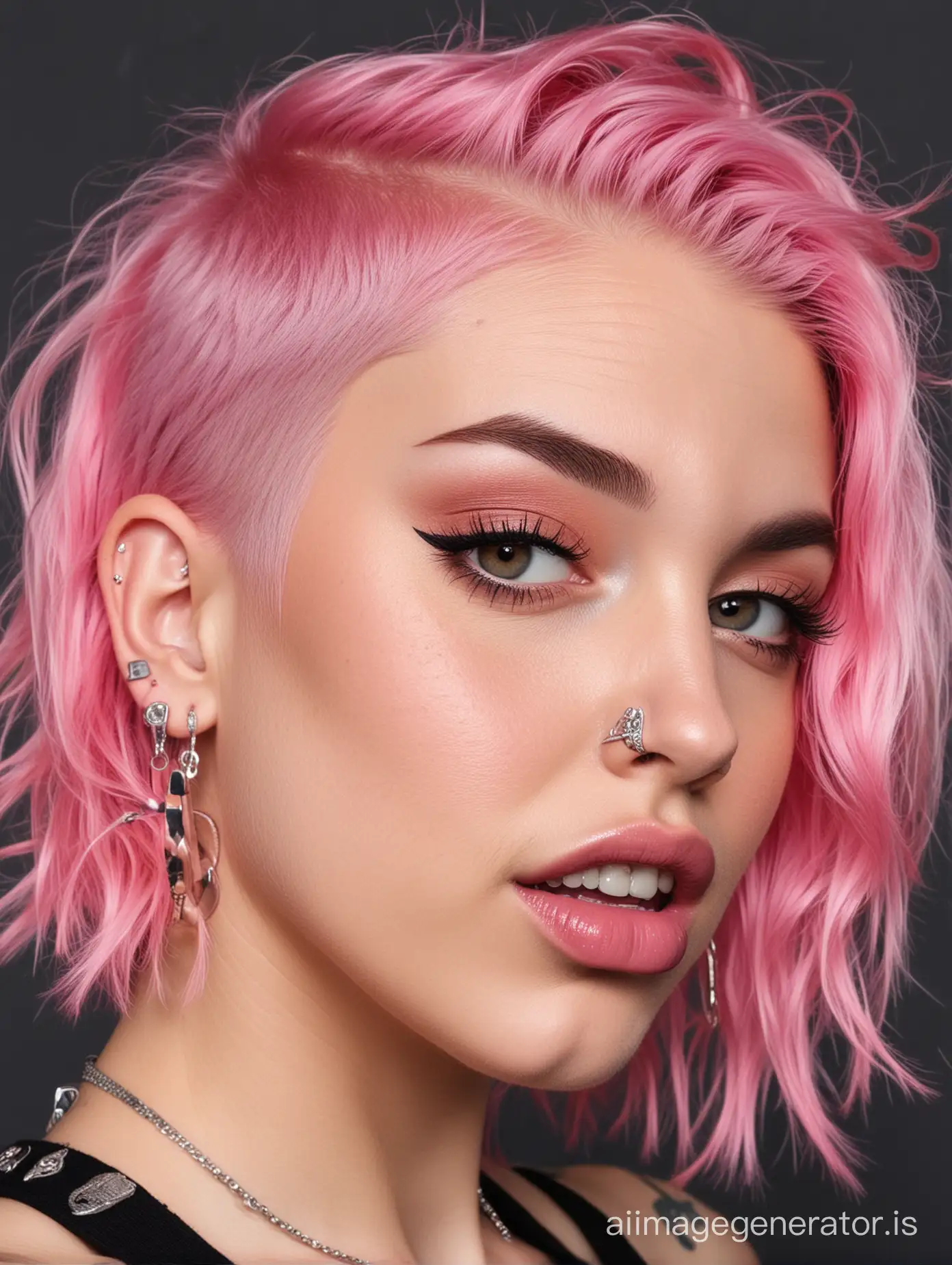 woman with side shaved undercut pink wavy hair, multiple ear piercings and pierced nose with a pierced eyebrow and tongue piercing