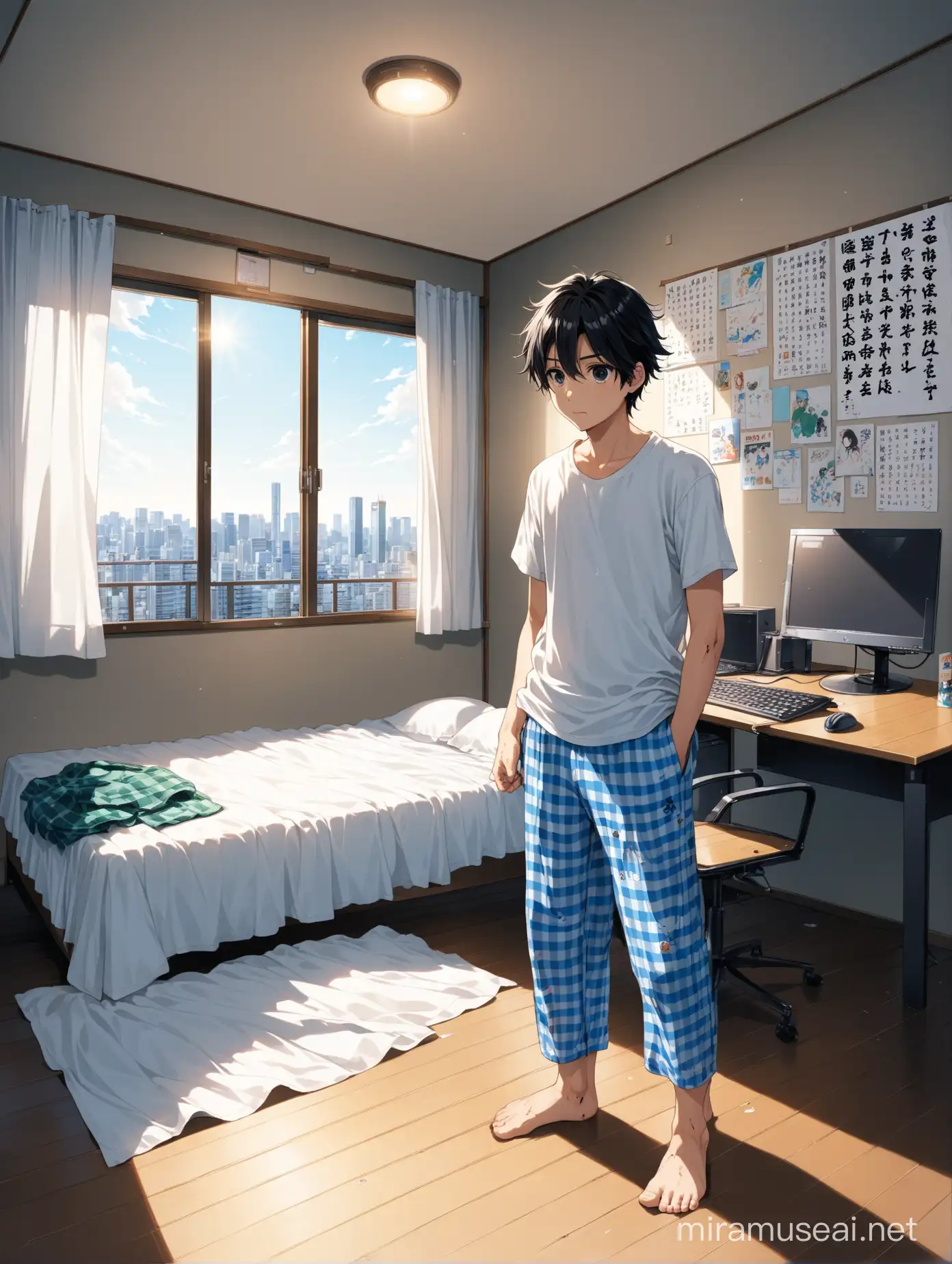 A handsome teenager with fluffy black hair and big black eyes, he scratches his hair questioningly, wearing a white T-shirt with Japanese writing and drawings on it, wearing blue checkered pajama pants, and he is barefoot.  The teenager is standing in the middle of his bedroom. Next to him is a white bed with an untidy white sheet on it, dirty clothes scattered on the floor of the room, and a basketball landed on the ground. In the background, a desk with a computer and a black chair appears. In the background, the open balcony appears, which brings sunlight into the room and appears. Through it the buildings of Tokyo in Japan. There are also pictures of a basketball player hanging on the wall.