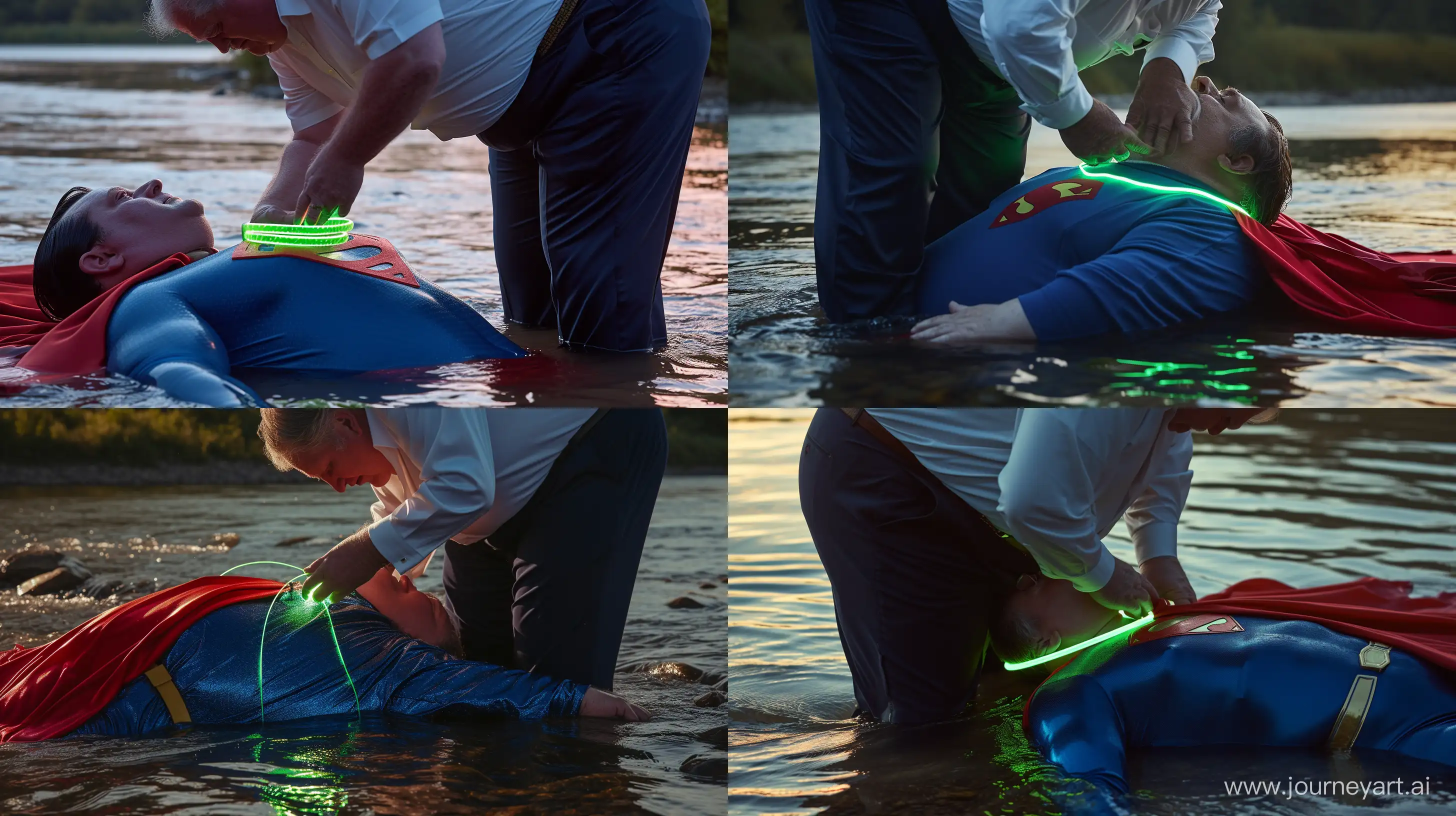 Close-up photo of a fat man aged 60 wearing silk navy business pants and a white shirt. Bending and putting a tight green glowing neon dog collar on the nape of a fat man aged 60 wearing a tight blue 1978 superman costume with a red cape lying in the water. Natural Light. River. --style raw --ar 16:9
