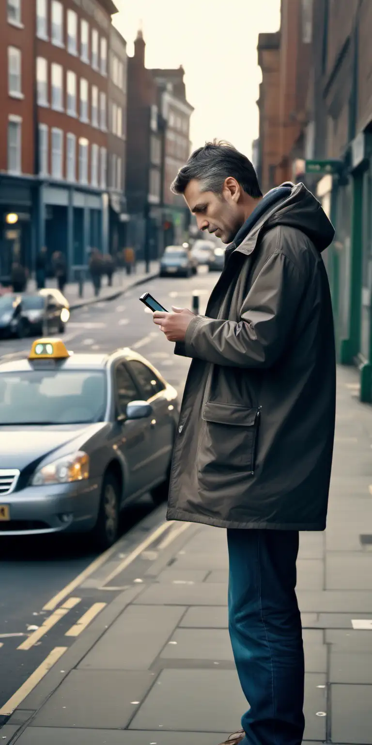 Generate a hyper-realistic image of a man standing outdoors, resembling an image of a friend waiting for an Uber on his phone. The man should have a natural pose, looking at his phone's screen, which displays an Uber-like map with a route, even if the Uber is 10 minutes away. Ensure that the background depicts an outdoor city setting reminiscent of New York City. The overall scene should convey a sense of anticipation and waiting. Pay meticulous attention to details, ensuring that the man, his clothing, the phone screen, the cityscape, and any reflections or lighting effects appear as lifelike as possible, while maintaining the desired subdued lighting. It should look like 
kodak 400 is used