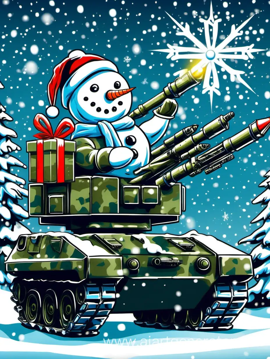 Нарисуй тематическую поздравительную открытку с 2024 годом, на которой будет снег, подарки, и снеговик цвета военного камуфляжа с переносным зенитно-ракетным комплексом Игла в мишуре и огоньках