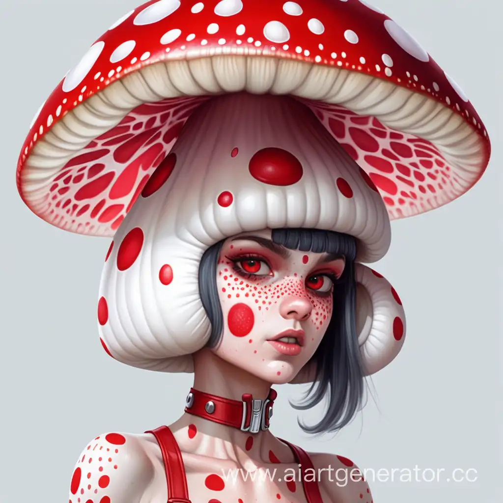 Хуманизация мухомора в латексную девушку с красной в белую крапинку латексной кожей с шляпкой гриба на голове