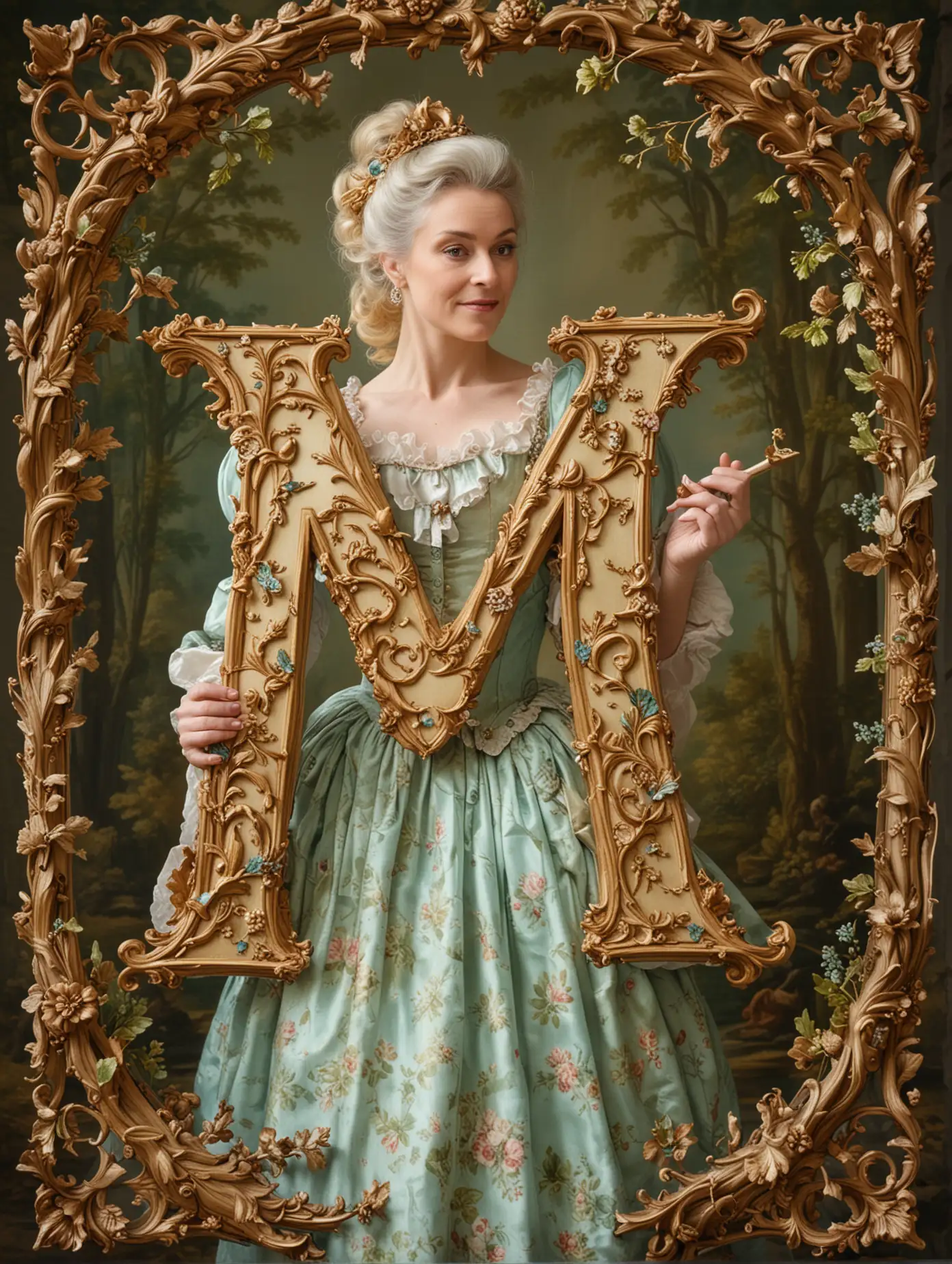 Mother Holding Letter M in Rococo Style Spring Woods