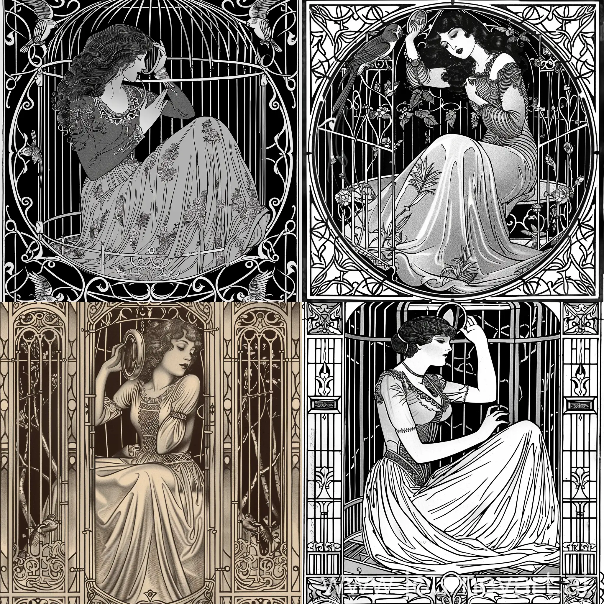 an illustration of a woman with a long dress, holding a mirror to her face whilst sitting inside of a birdcage, in the Art Nouveau style of Aubrey Beardsley