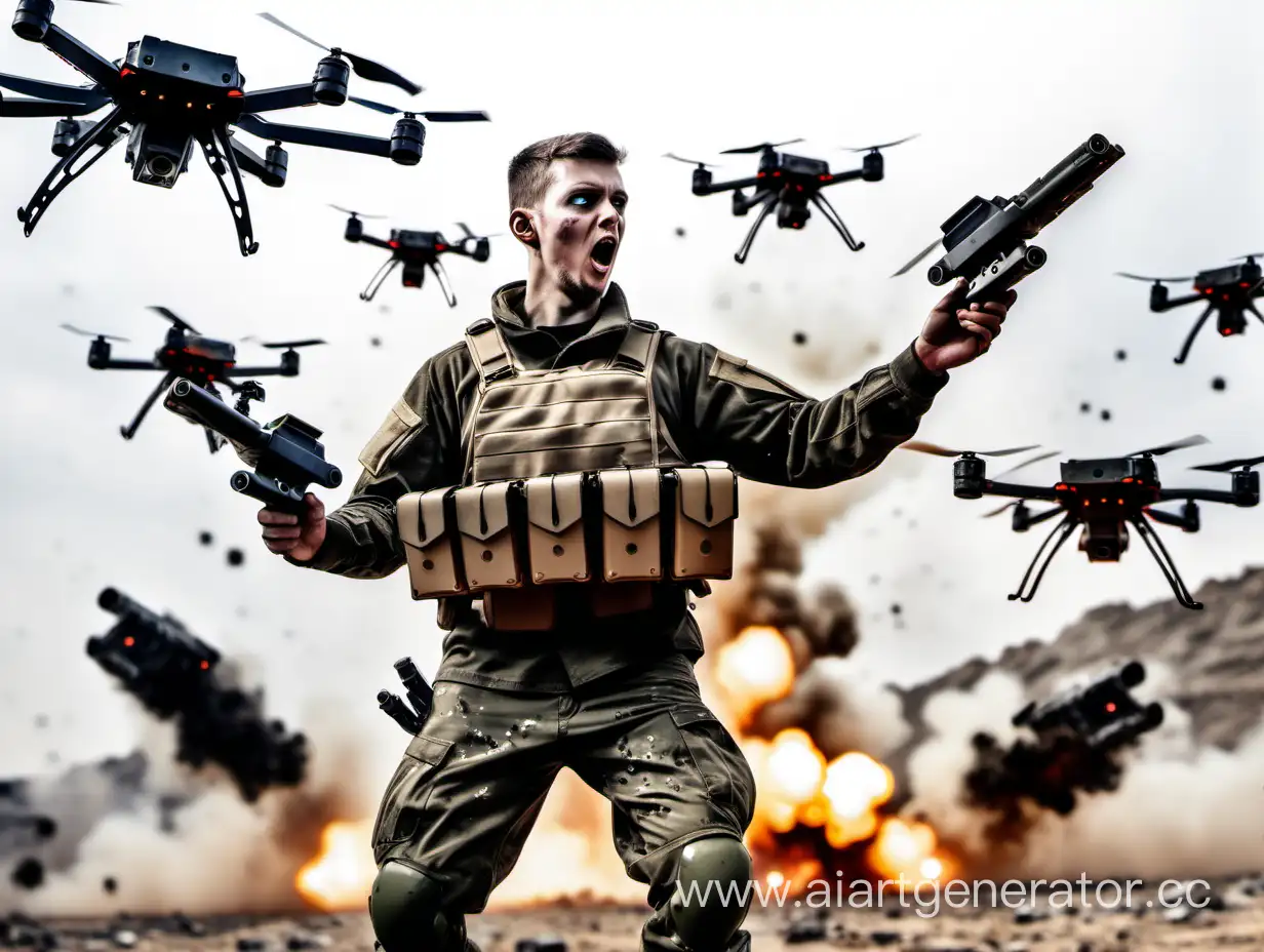 Soldier-with-Raised-Blaster-Amid-Quadcopter-Explosions