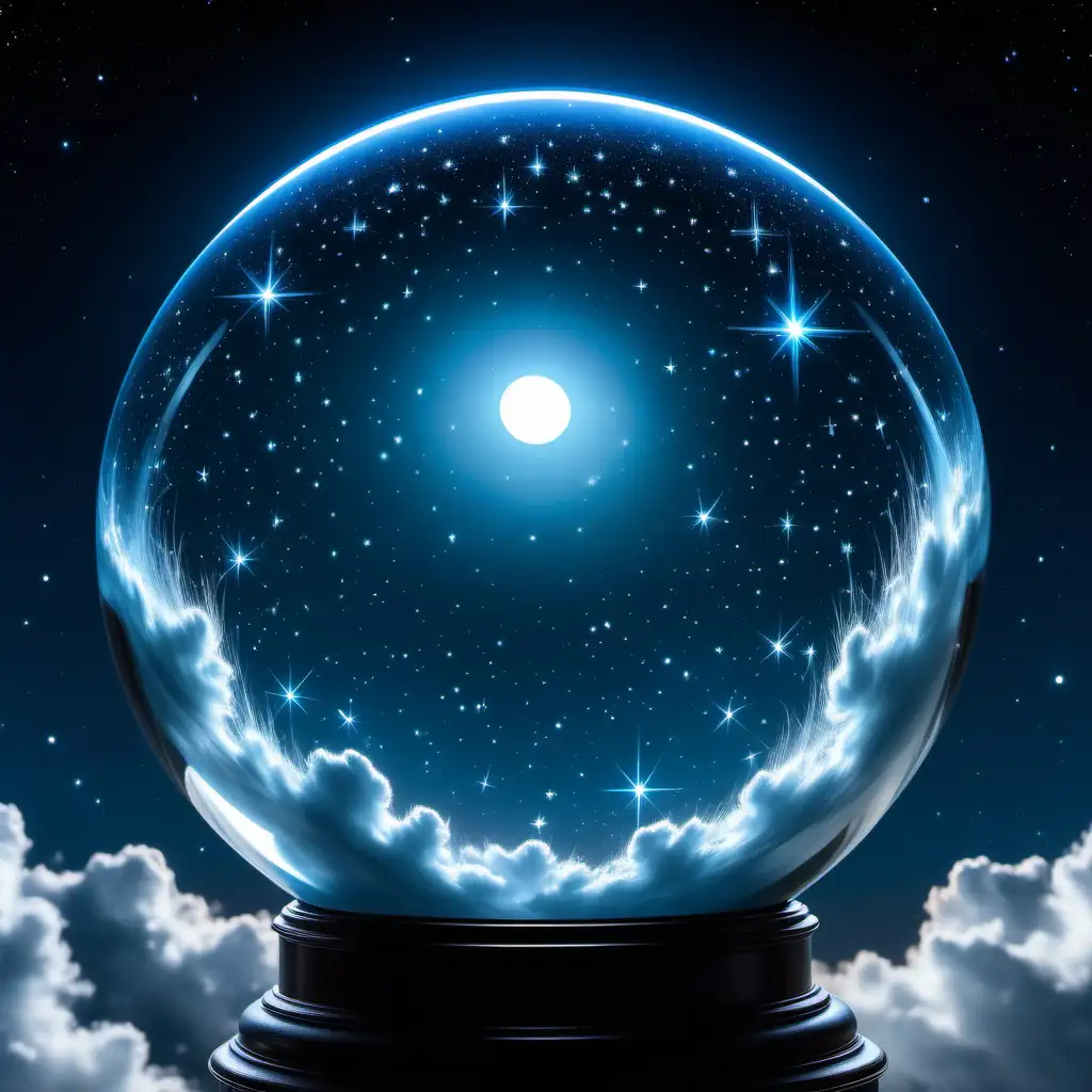 A view of stars and a bright moon in a transparent sphere surrounded by a light blue glow.  The vista in the background is a night sky with shooting stars and a bright moon shining on fluffy clouds below