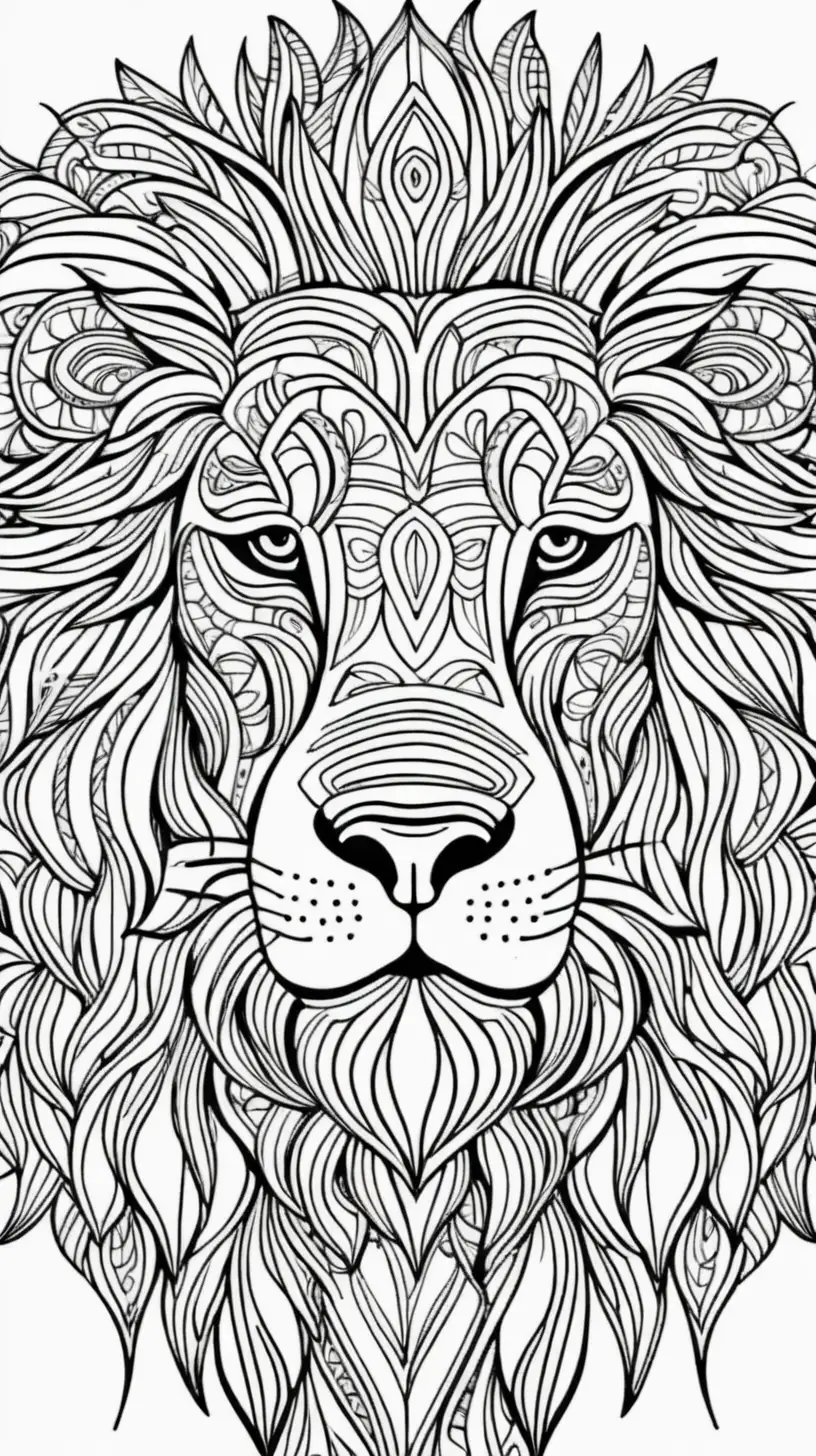 tribal pattern male lion, mandala styled  background, coloring page image, thick black clean lines, minimalist style