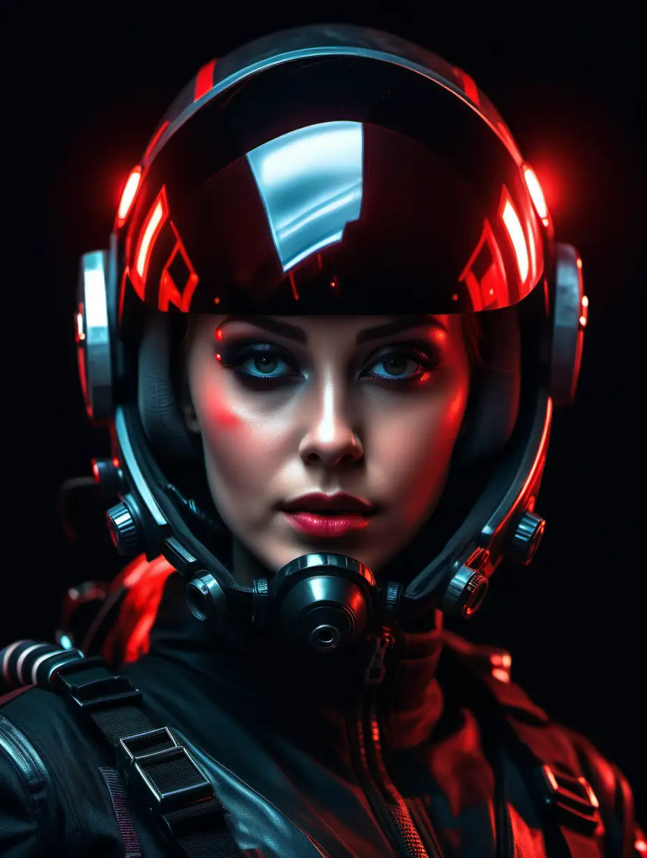 Beautiful Nordic woman, very attractive face, detailed eyes, big breasts, dark eye shadow, dressed in a black futuristic flight suit with red lights, wearing a closed helmet with visor covered face, close up, soft light on face, rim lighting, facing away from camera, looking back over her shoulder, standing in a futuristic cockpit , photorealistic, very high detail, extra wide photo, full body photo, aerial photo