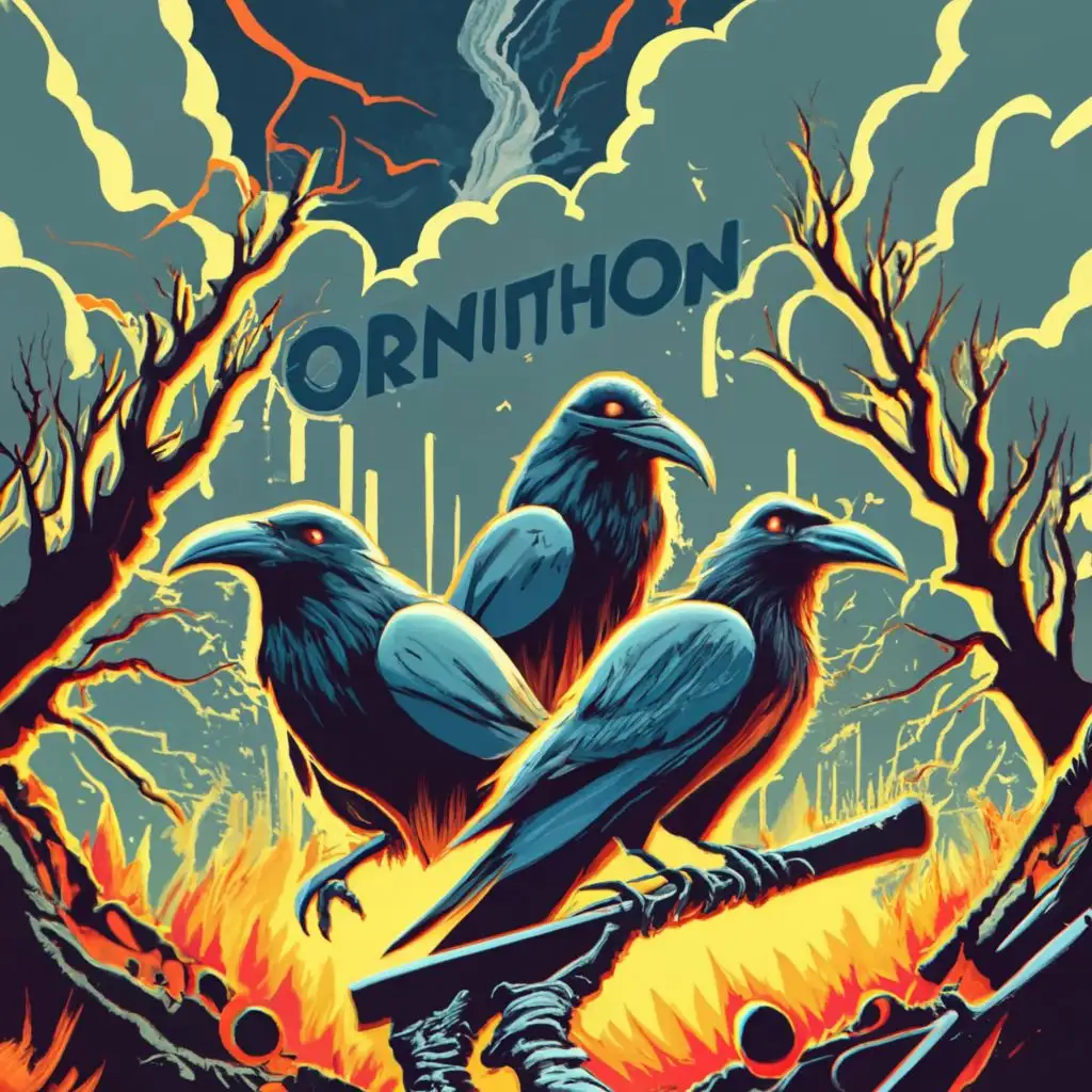 logo, Ornithon the friendly raven rockband with three members, three ravens playing the guitar, the bassguitar ,the drums, sitting in a dead needle tree, forest, dystopy, death, dark, fire, thunder, lava, blood, chaos, clouds, smoke, explosion, killing, war in the background old broken industrial buildings, in comic, graffiti, colorful, logo, black and white, Rockband, with the text "Ornithon", typography