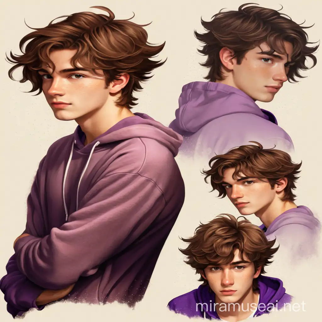Young Man with Light Brown Fluffy Hair and Purple Hoodie Portrait