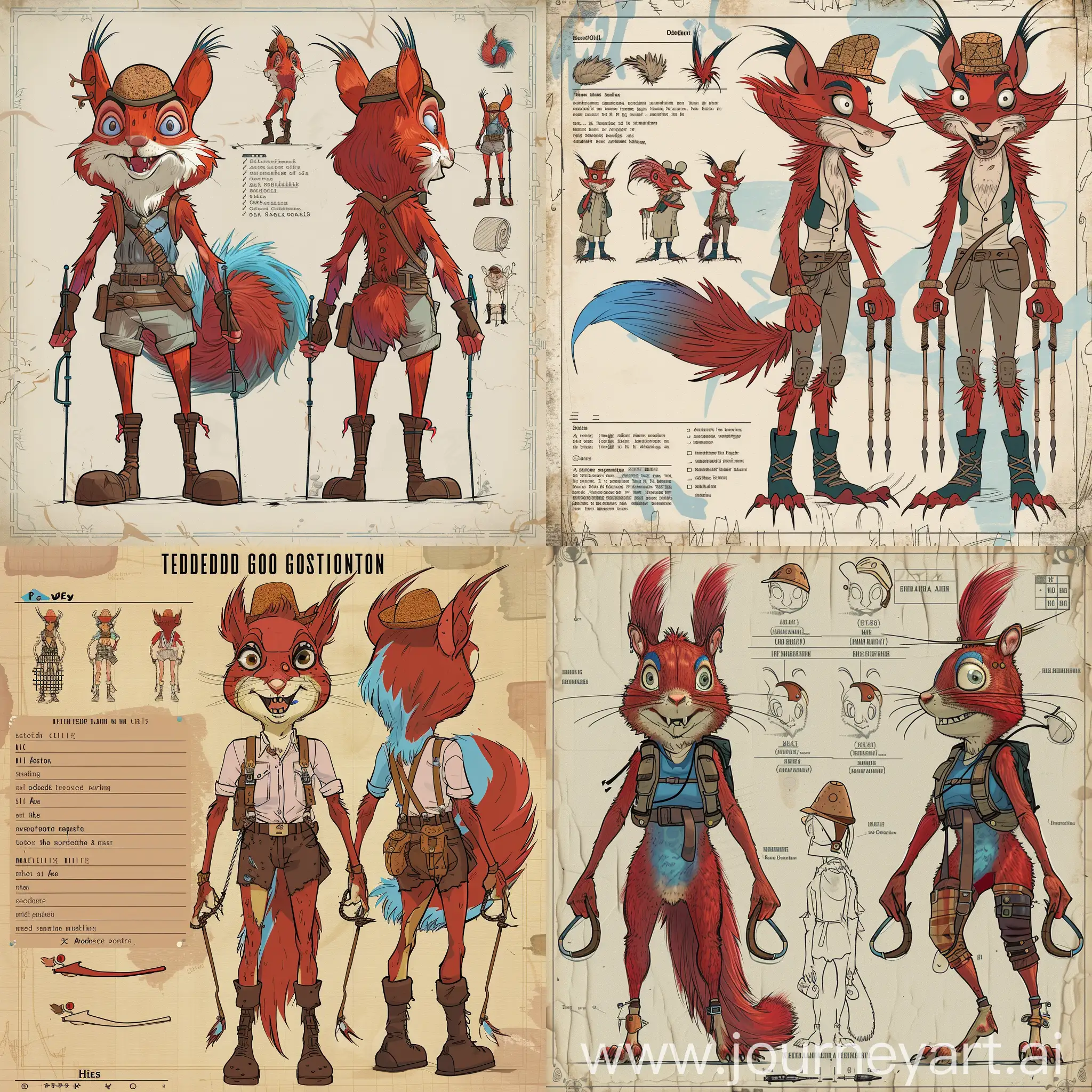 A character design sheet with technical specifications, front and back view and left and right, A tall fluffy squirrel with thin paws and handles and red fur with a blue sheen, crazy eyes and a crooked smile, dressed in hiking clothes and high boots, a cork hat on her head., A game character design in the style of Edward Gorey