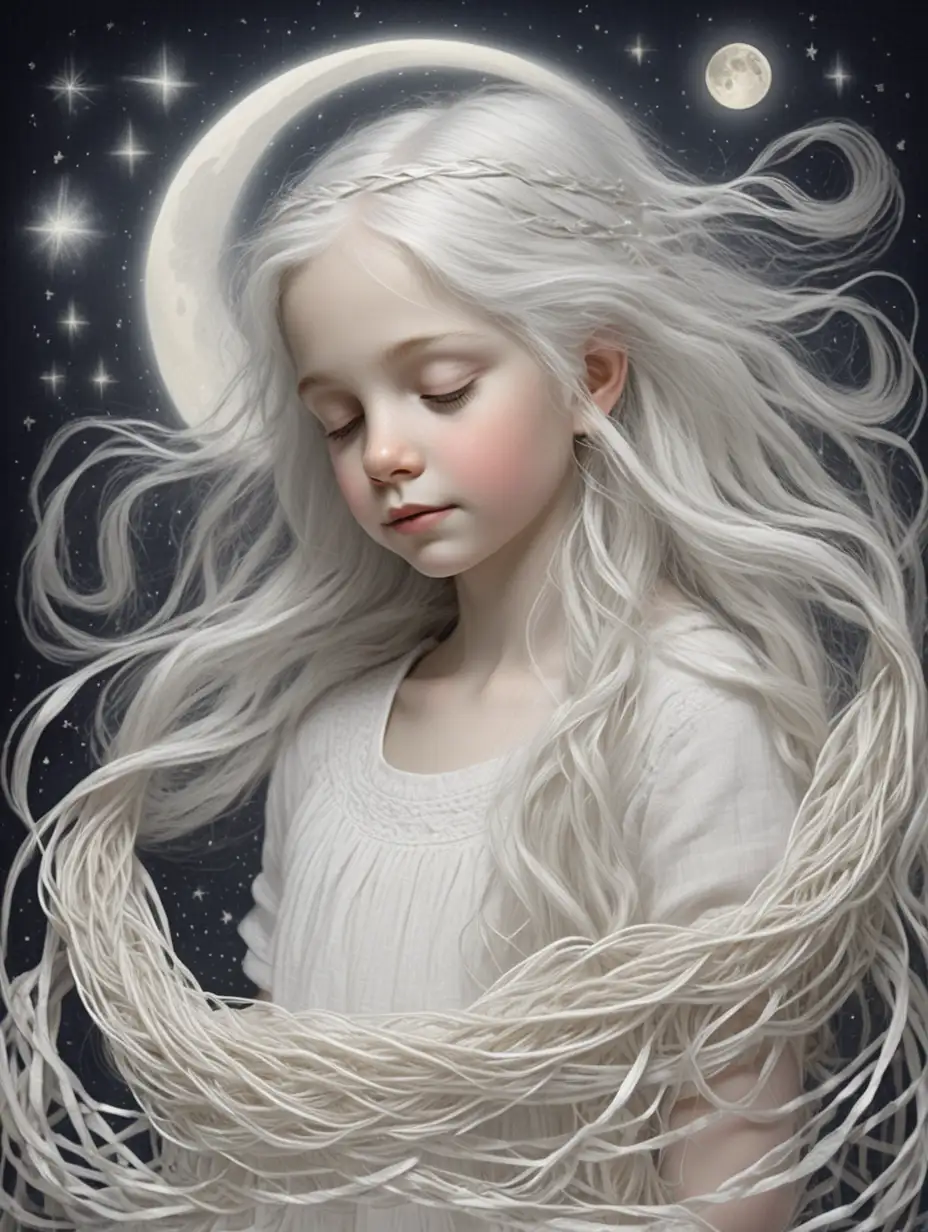 
Weaving strands from moon beams. Annie sews happy dreams Woven with starlight, pure and white.
Old Annie May, with age-kissed face,
 “-v 6”