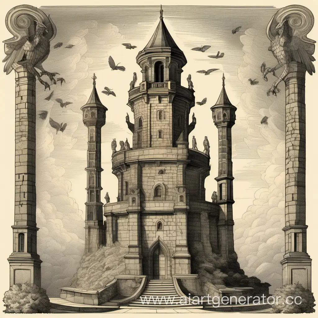 Big tower, flat roof, fantasy, with two ston's statues of griffins, the engraving style