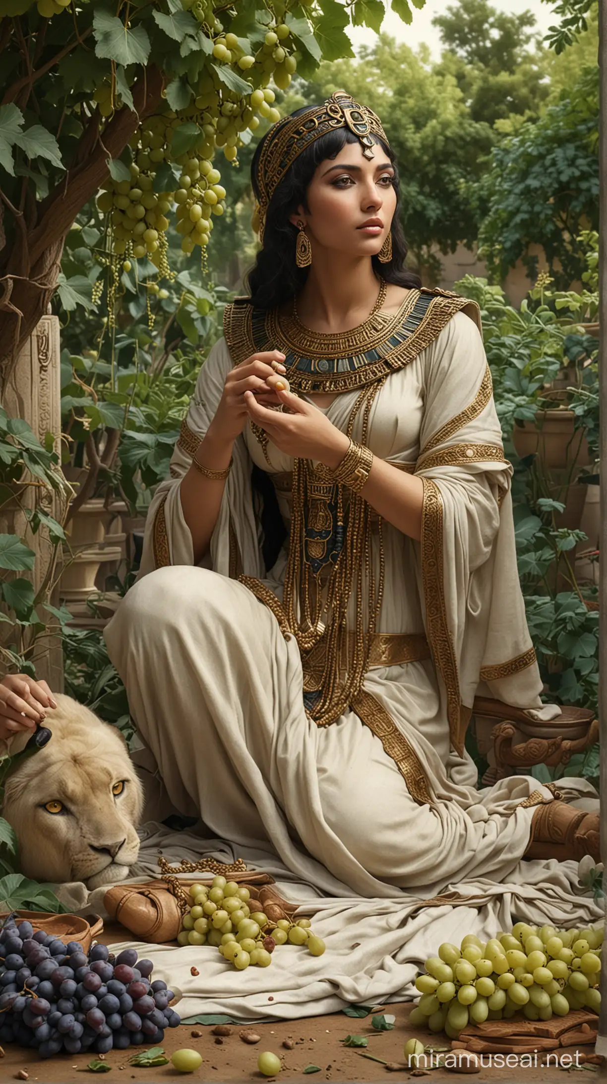 Cleopatra Enjoying Grapes in Luxurious Garden Setting with Attendant Servants