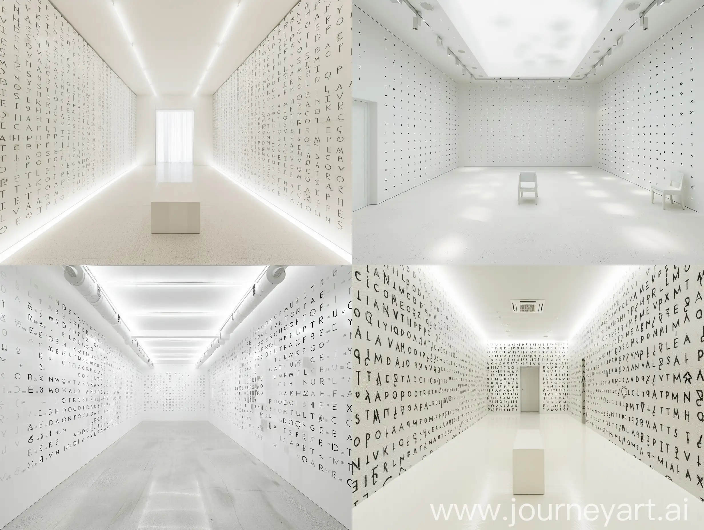 a white room with cryptographic alphabet all over the walls