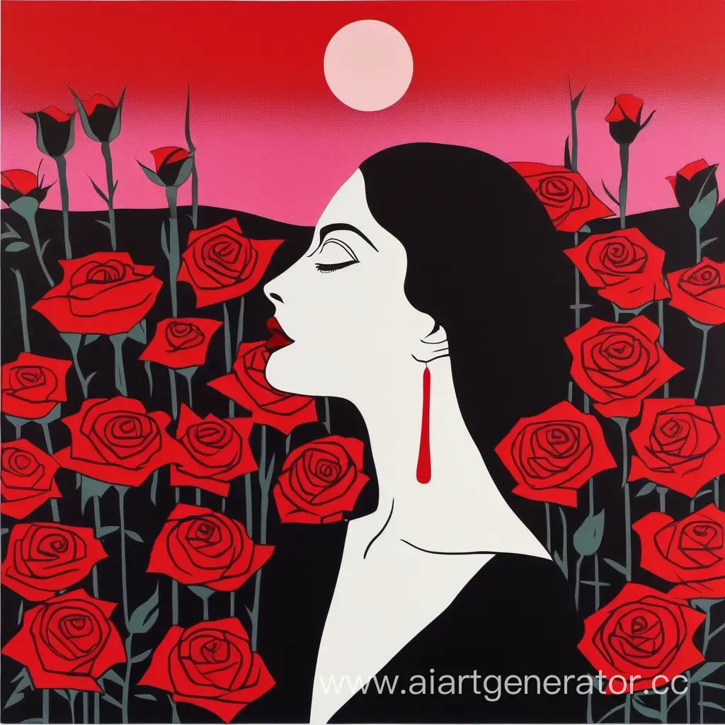 Sensual-Woman-with-Black-Lips-and-Red-Roses-Tom-Hammick-Art
