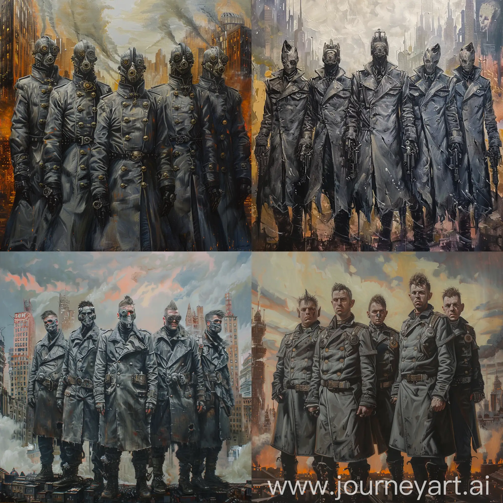 Five brutal men dressed in grey steampunk coats!!!! They stand in the background
cities , highly detailed oil painting inspired by Daniel Conway , front light , bright colors , high detail