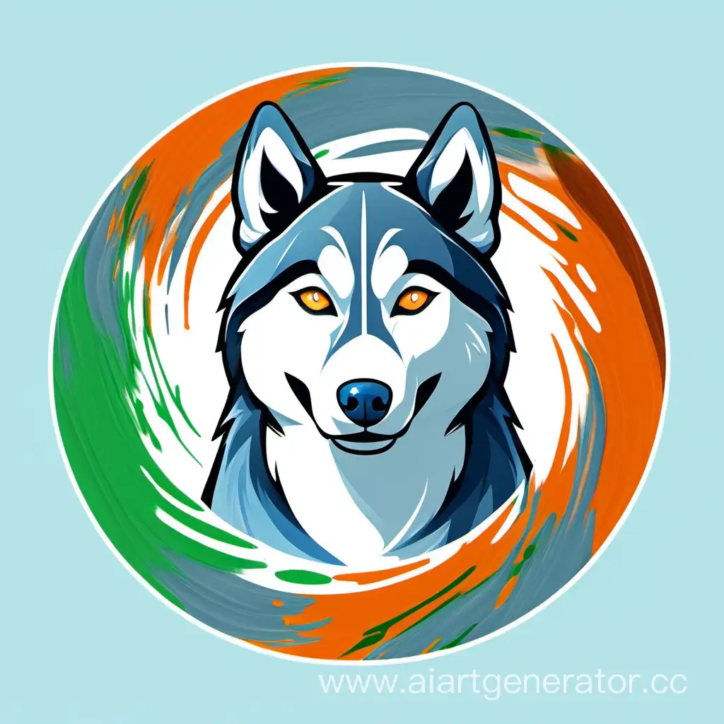 Vibrant-Circle-Icon-featuring-Husky-with-SkyBlue-Eyes-and-OrangeGreen-Paint-Strokes