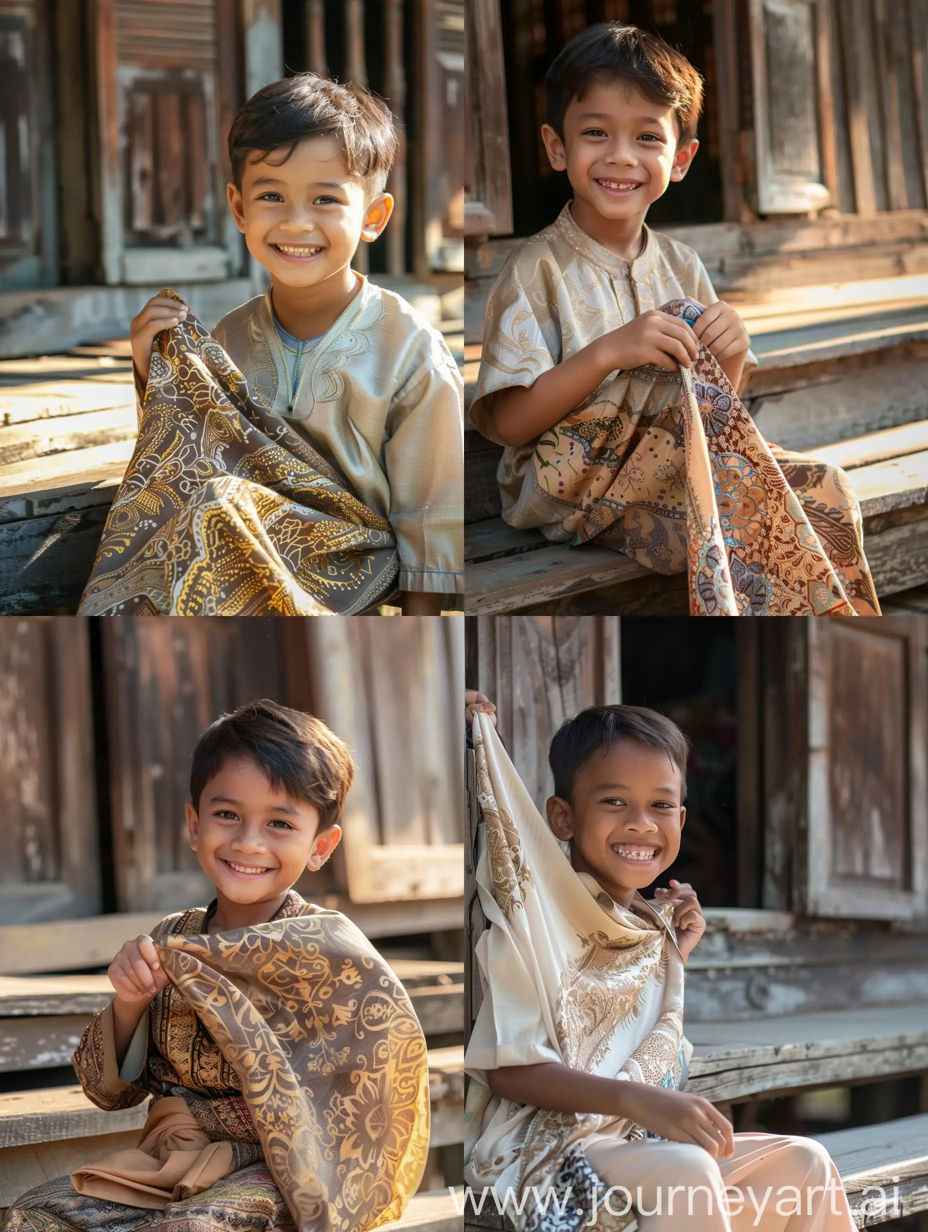 close up. Malay boy sitting on the steps of a wooden house smiling. wearing Malay clothes and sarong cloth. his left hand held the sarong he was wearing while lifting it slightly up. classic malay house background. there is sunlight