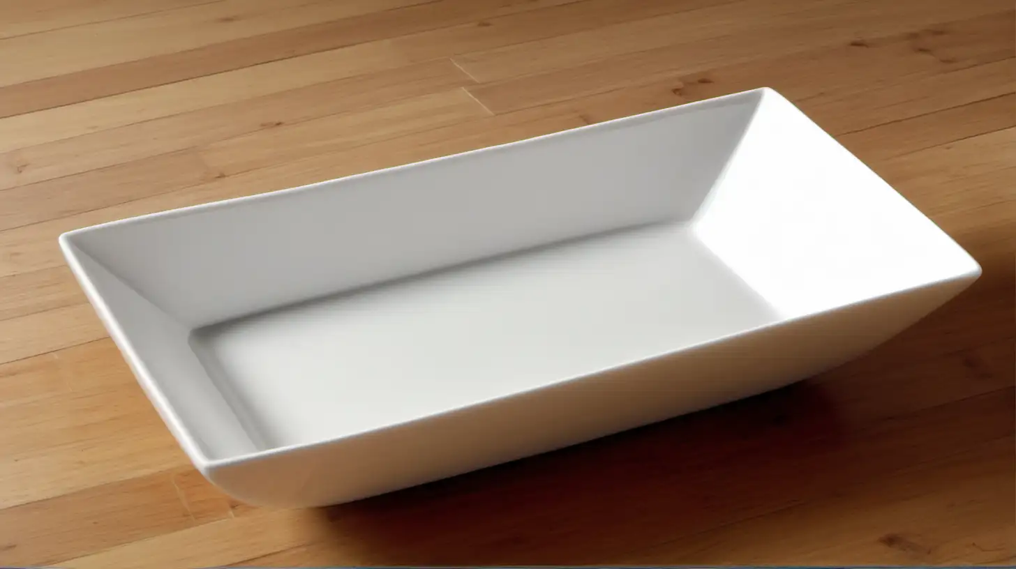 White rectangular bowl on wood floor.



