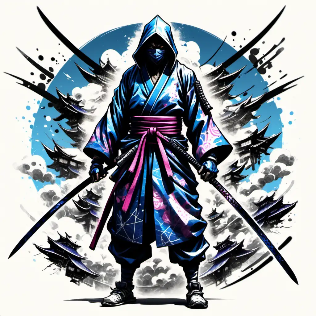 high definition simulation of a video game world boss character Japanese ink splotches art magic magical drawings creation screen with cyberpunk Samurai ninja,Starter outfit Basic robes themed clouds Kimono geometry Magical artist brush strokes painter japanese brush strokes holding two ninja stars