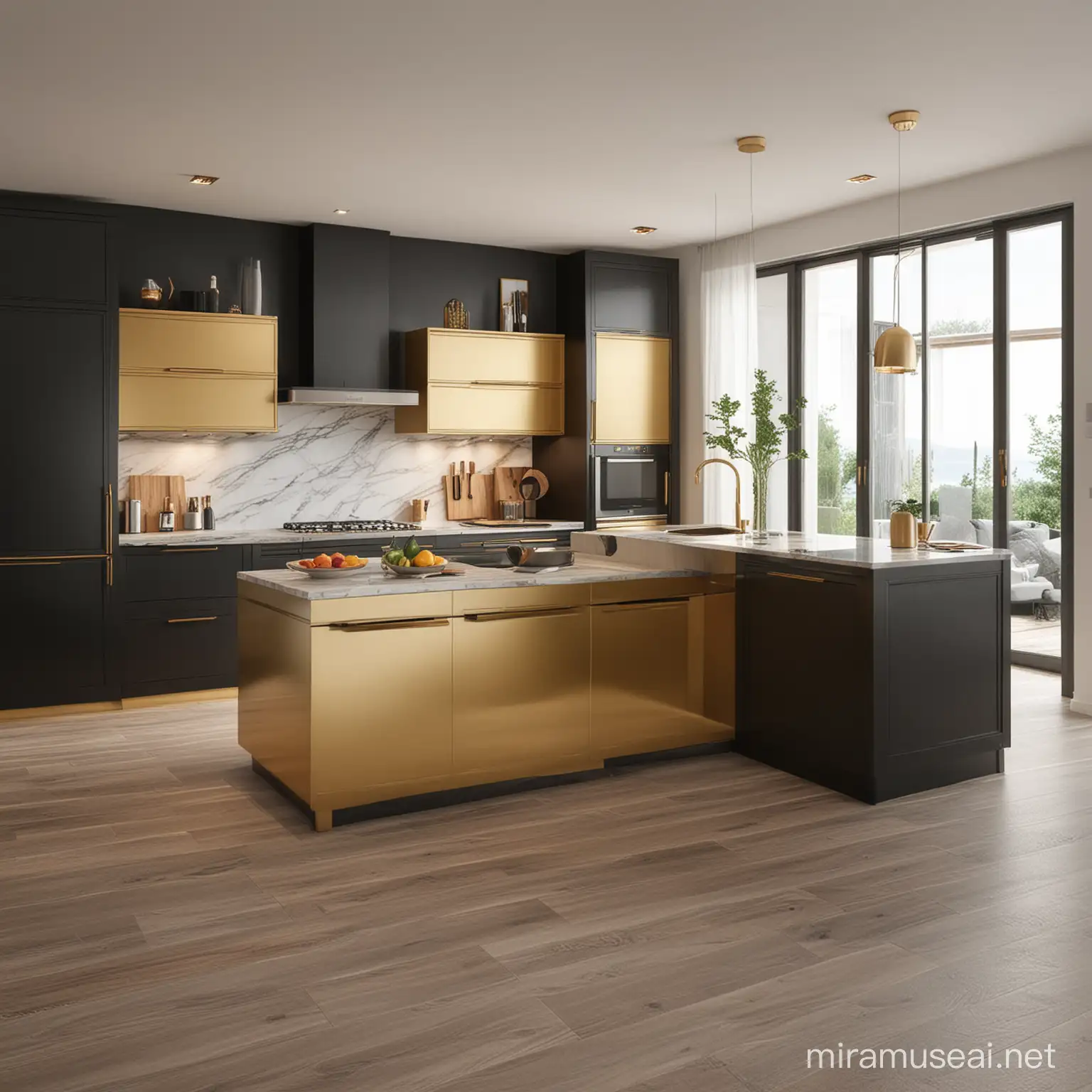 Modern Black and Gold Kitchen Glossy Cabinet Fronts with Island