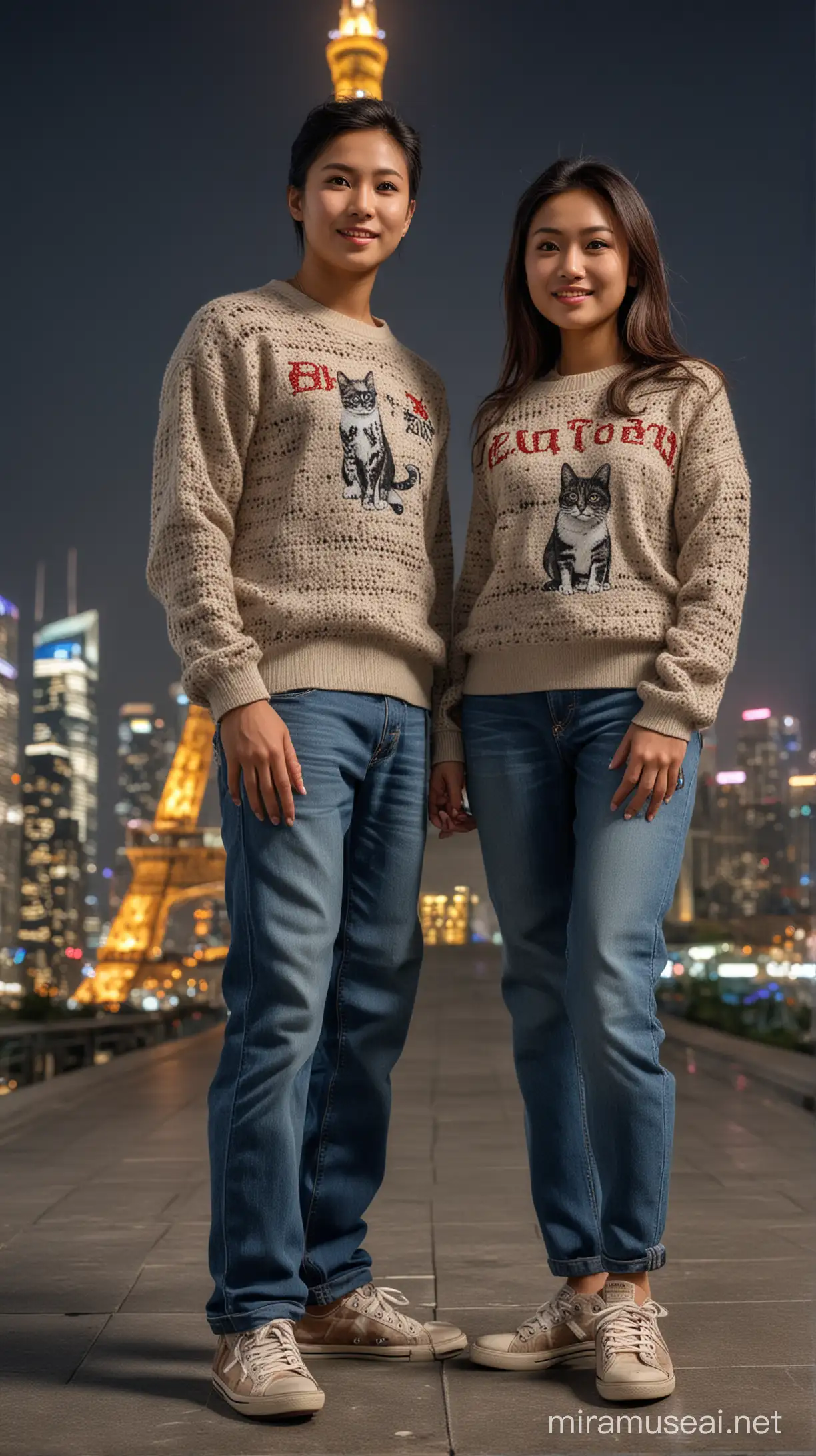 Indonesian Couple in Cat Shoes Sweater and Laiki Man under Shanghai Tower at Night