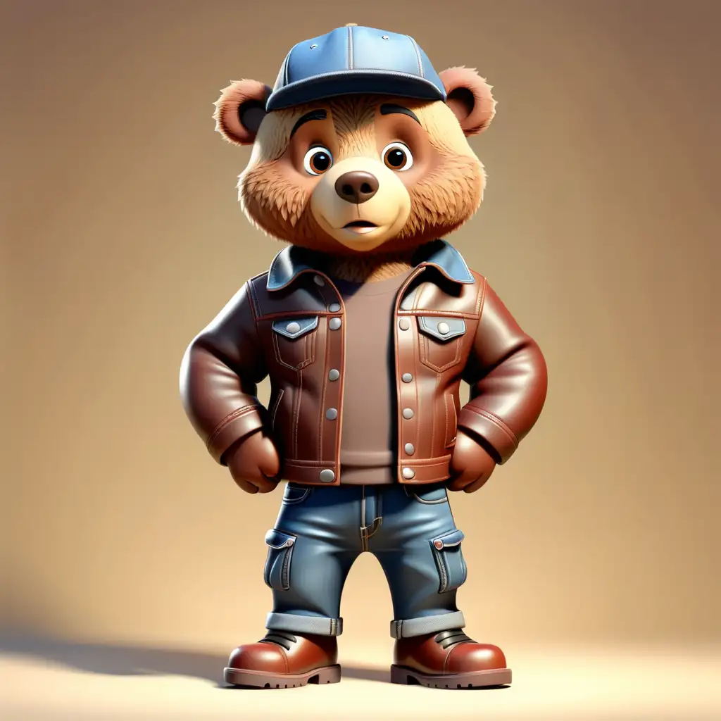 Adorable Cartoon Brown Bear in Stylish Leather Jacket and Denim Hat