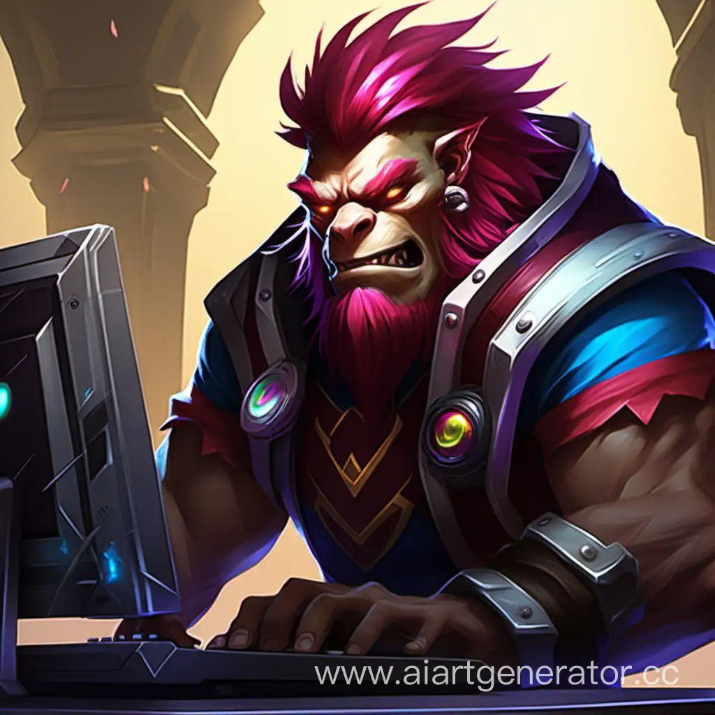 A character from the game League of Legends Trundle plays a computer and looks at the camera