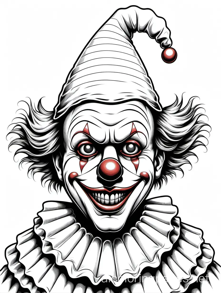 Extremely creepy clown, Coloring Page, black and white, line art, white background, Simplicity, Ample White Space. The background of the coloring page is plain white to make it easy for young children to color within the lines. The outlines of all the subjects are easy to distinguish, making it simple for kids to color without too much difficulty