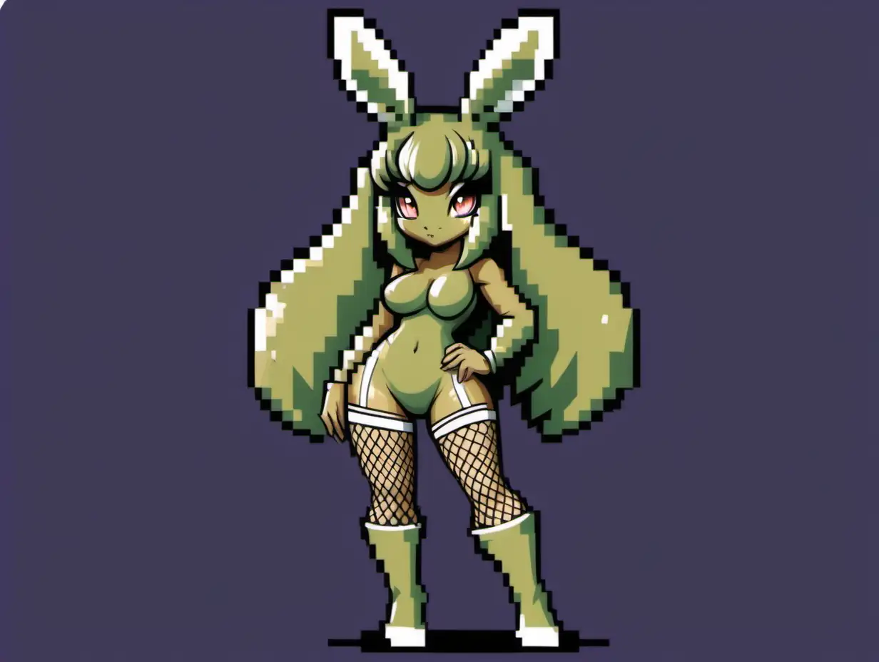 a 288x288 pixel beautiful sexy olive-green & tan mega lopunny girl in fishnet tights with bangs monster child of godzilla sprite in the style of Gameboy mega lopunny x tyranitar. background is white