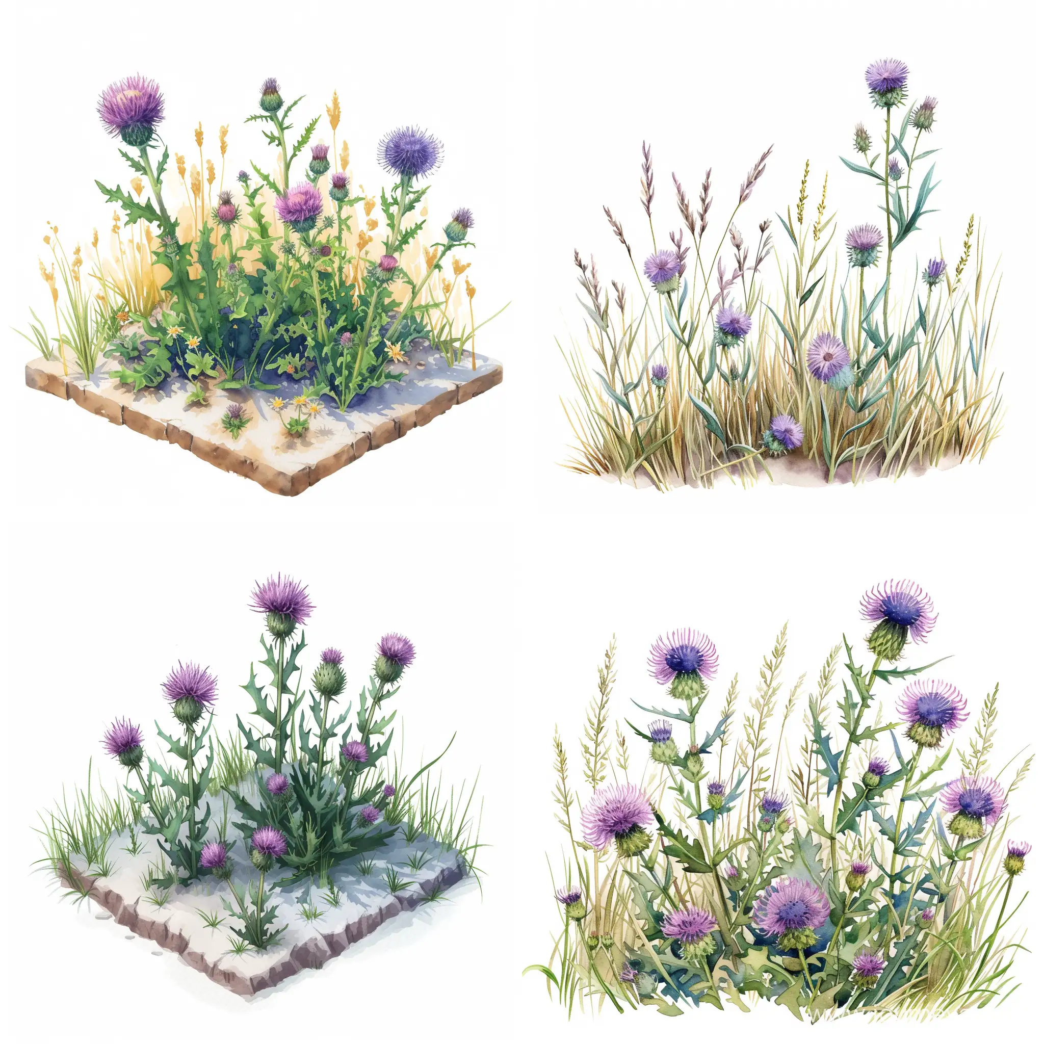 Isometric-Watercolor-Meadow-with-Thistle-on-White-Background
