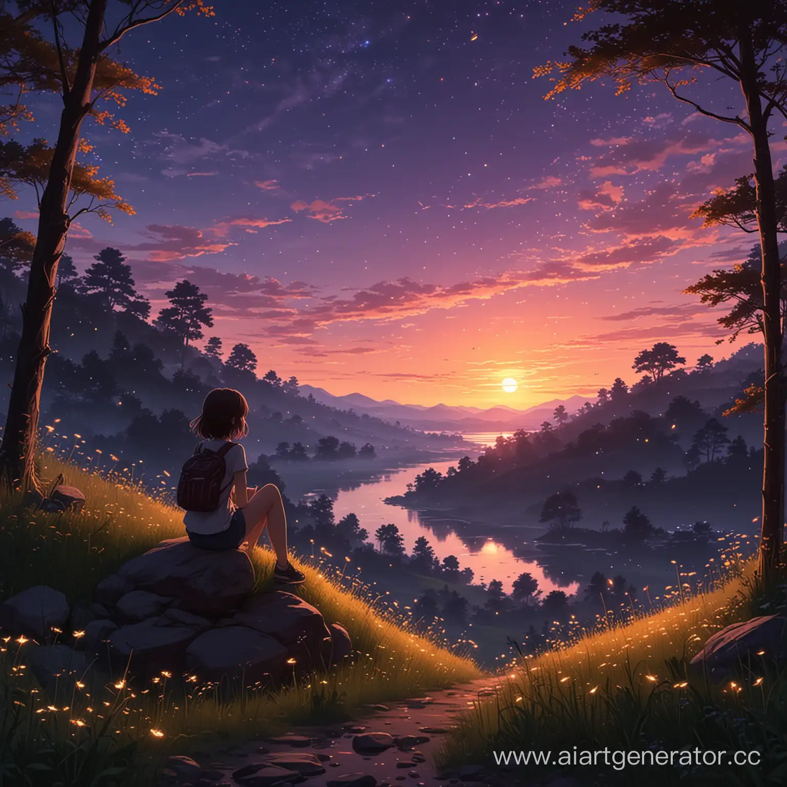 сцена красивого сумеречного заката с светлячками в стиле аниме , где на холмике сидит девочка, смотрящая на закат
