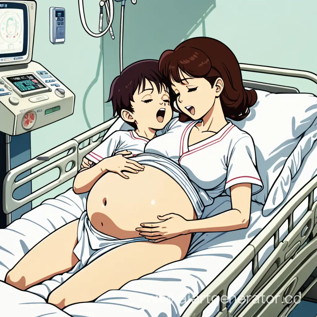 vintage anime pregnant mother laboring and little son hugging his mommy's tummy in (hospital bed)