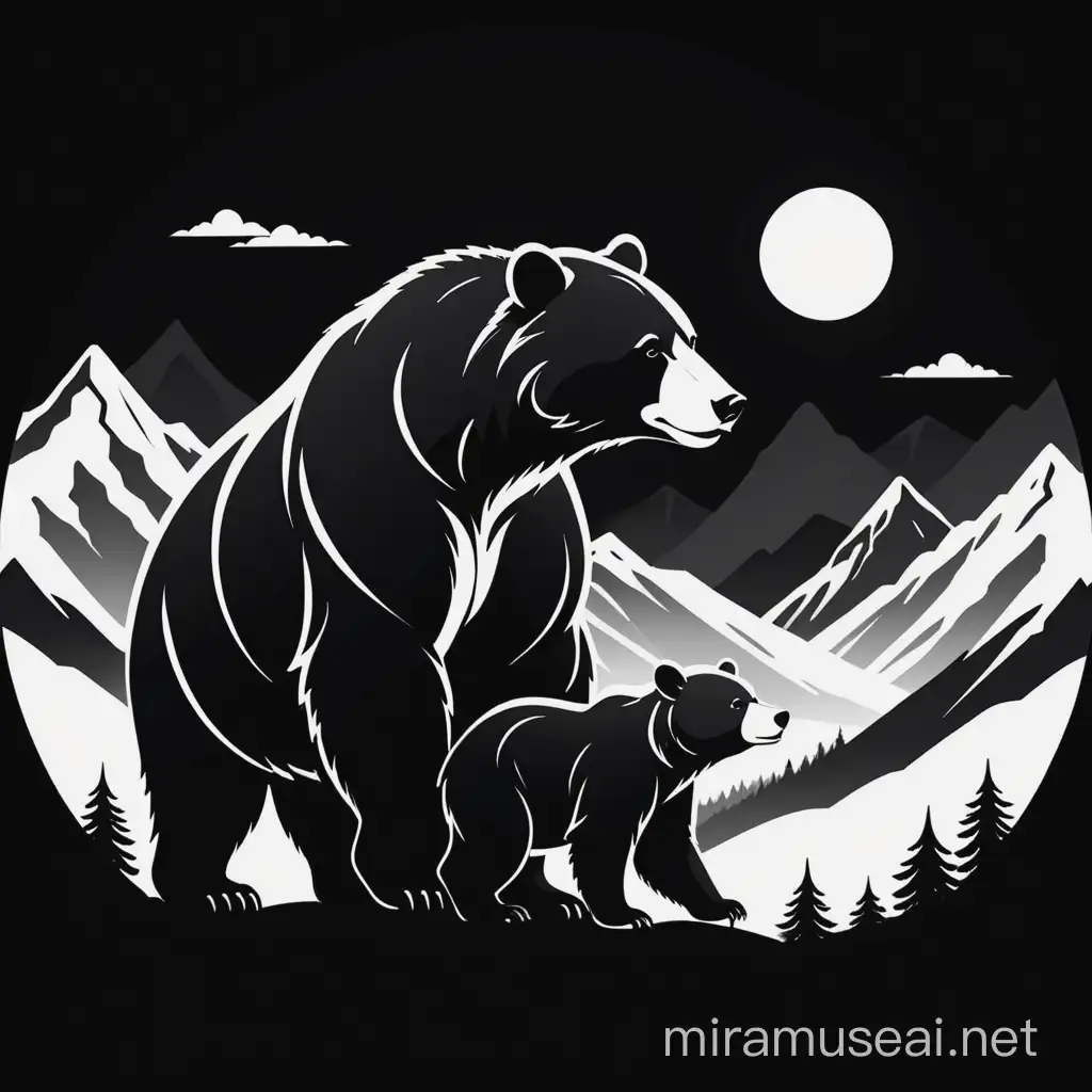 There is a simple yet powerful black and white logo, with a strong mama bear standing over her cub with mountains