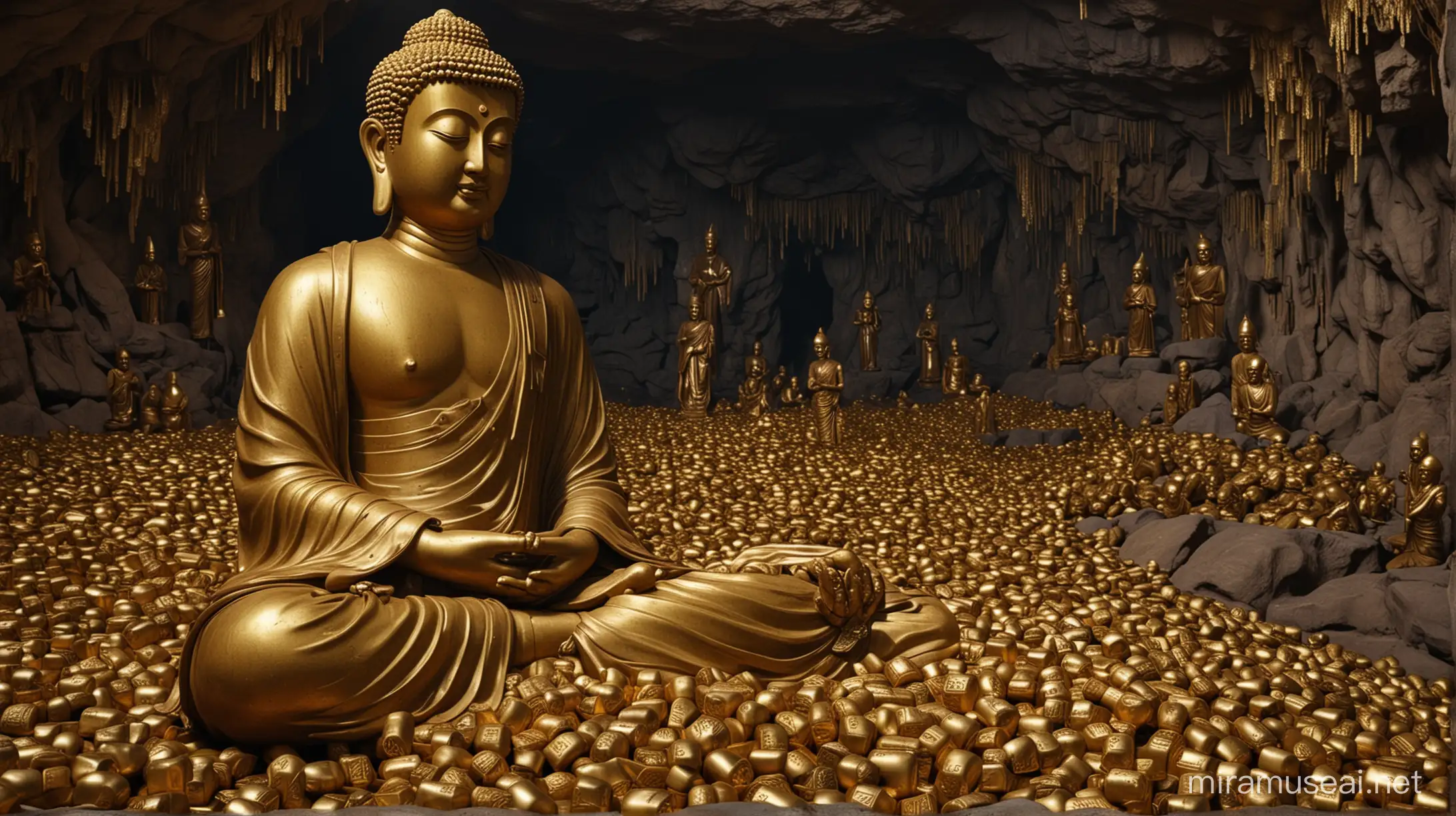 A life-sized golden buddha statue surrounded by a multitude of gold bars piled together in a dark and dangerous tropical cave, on the ground of the cave are dead treasure hunters and skeletons wearing World War II Japanese soldier uniforms, cinematic