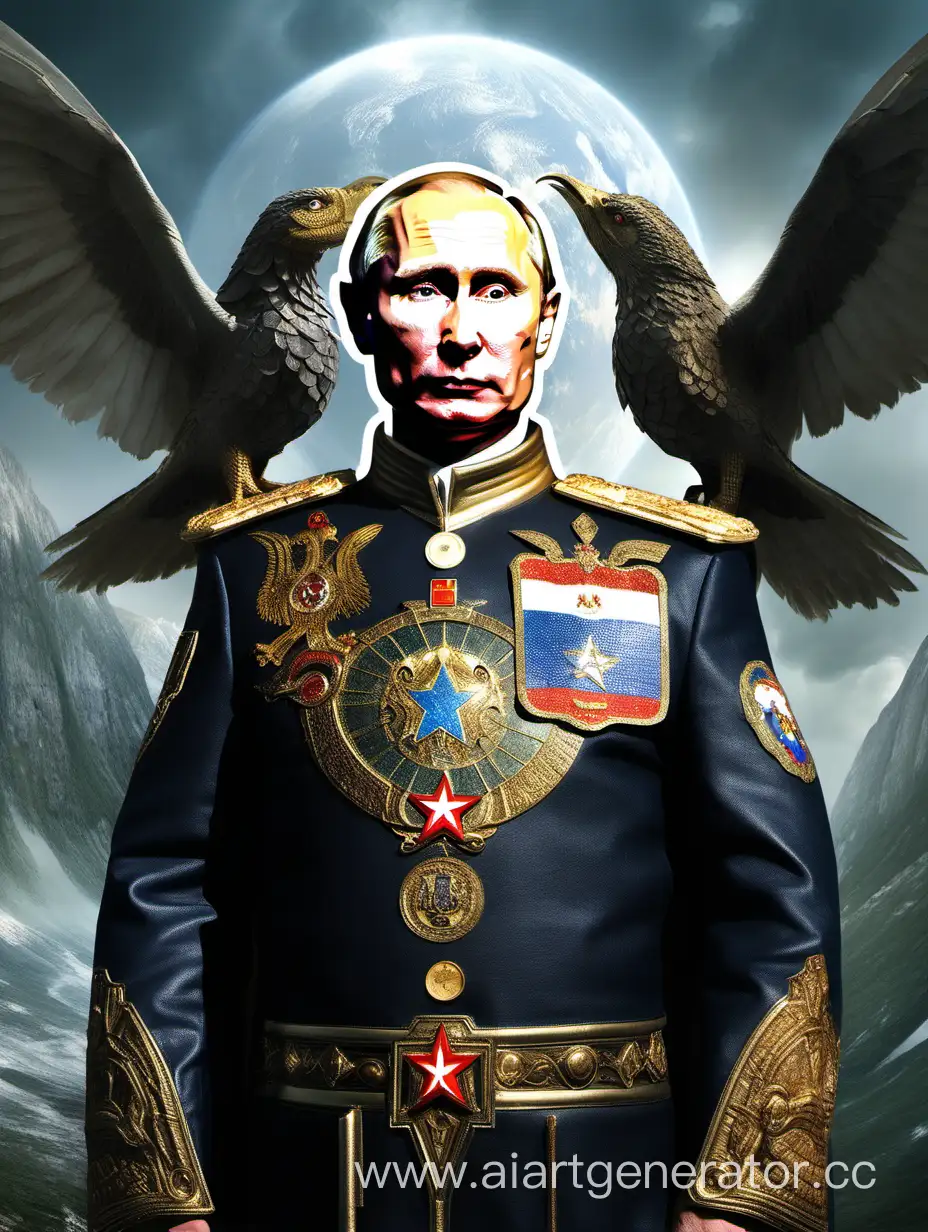 Putin is portrayed in a fantasy world, inspired by mythology or science fiction.