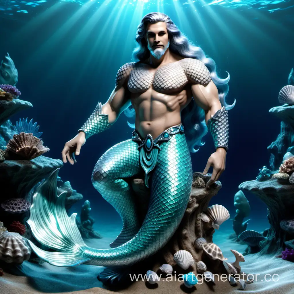 Elegant-SilveryHaired-Merman-with-Turquoise-Gleaming-Tail-and-Sparkling-Shells