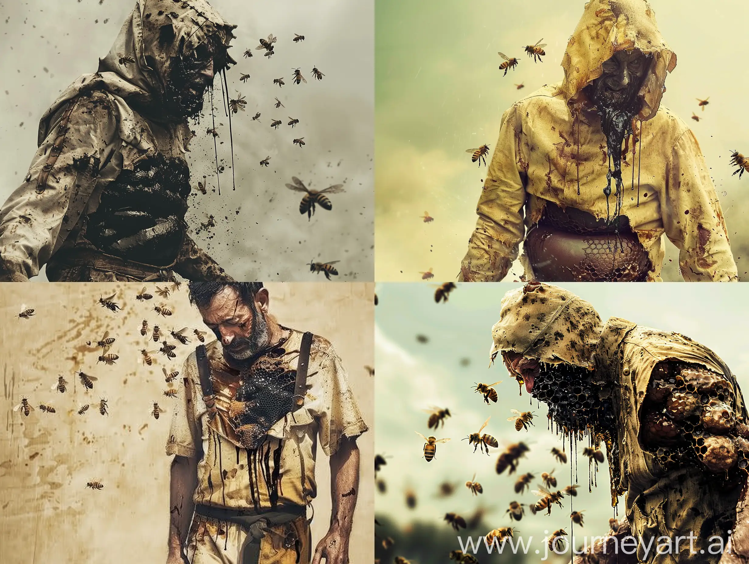 Eerie-Beekeeper-Covered-in-Dripping-Honey-Surrounded-by-Sinister-Bees