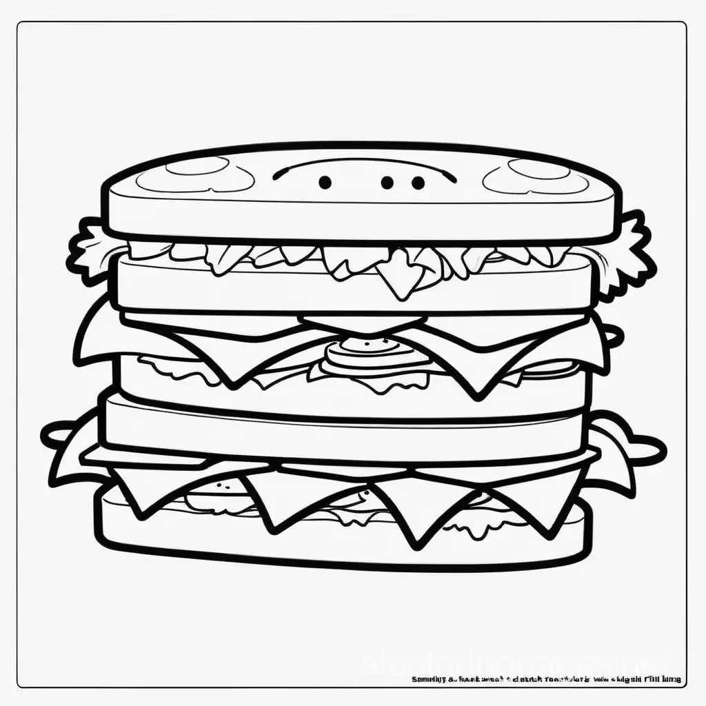 Smiling Sandwich - What's your favorite filling?, Coloring Page, black and white, line art, white background, Simplicity, Ample White Space. The background of the coloring page is plain white to make it easy for young children to color within the lines. The outlines of all the subjects are easy to distinguish, making it simple for kids to color without too much difficulty