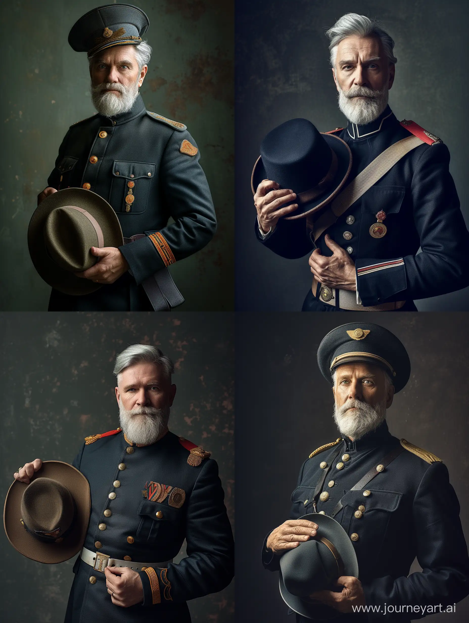 Canon EOS 5D Mark II + Canon EF 70-200mm f/2.8L IS II USM, a man in a military uniform holding a hat, a character portrait, by Mikhail Evstafiev, pixabay contest winner, silver hair and beard, professional studio photograph, dressed like in the 1940s, old masters light composition