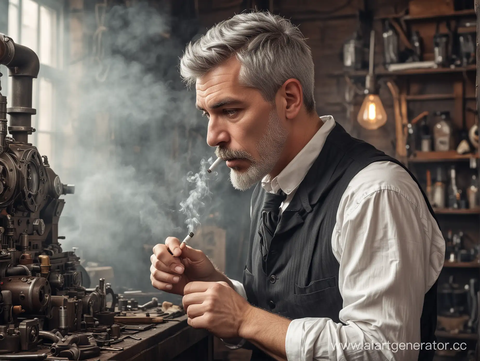 Steampunk-Machinist-with-Cigarette-at-Workbench