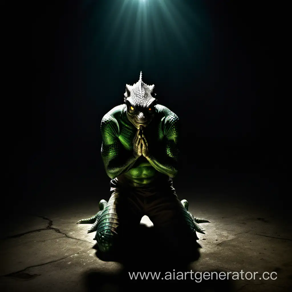 человек-ящер стоит на коленях в темноте и молится