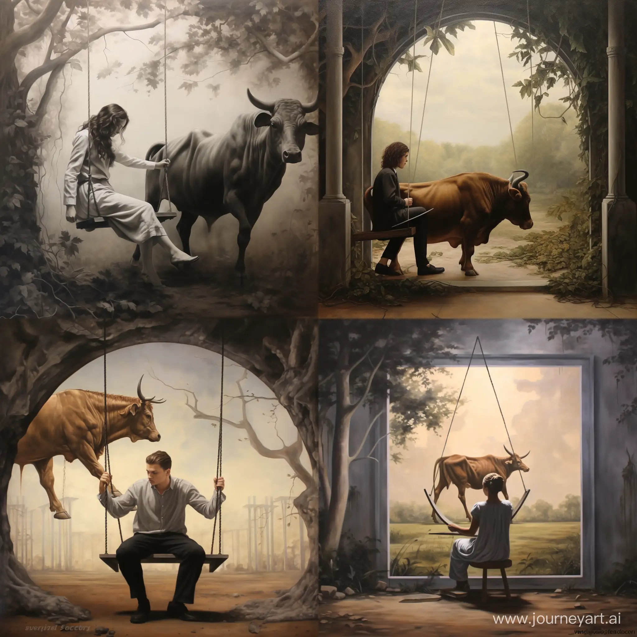 JesYou are a socialist realism artist painting a picture. The bull is swinging, sighing on the move, the board is swinging now I'm going to fall. Realistic, naturalistic atmosphere, muted shades of brown and gray, the look of the bull is sad and sad.us in the Garden of Eden