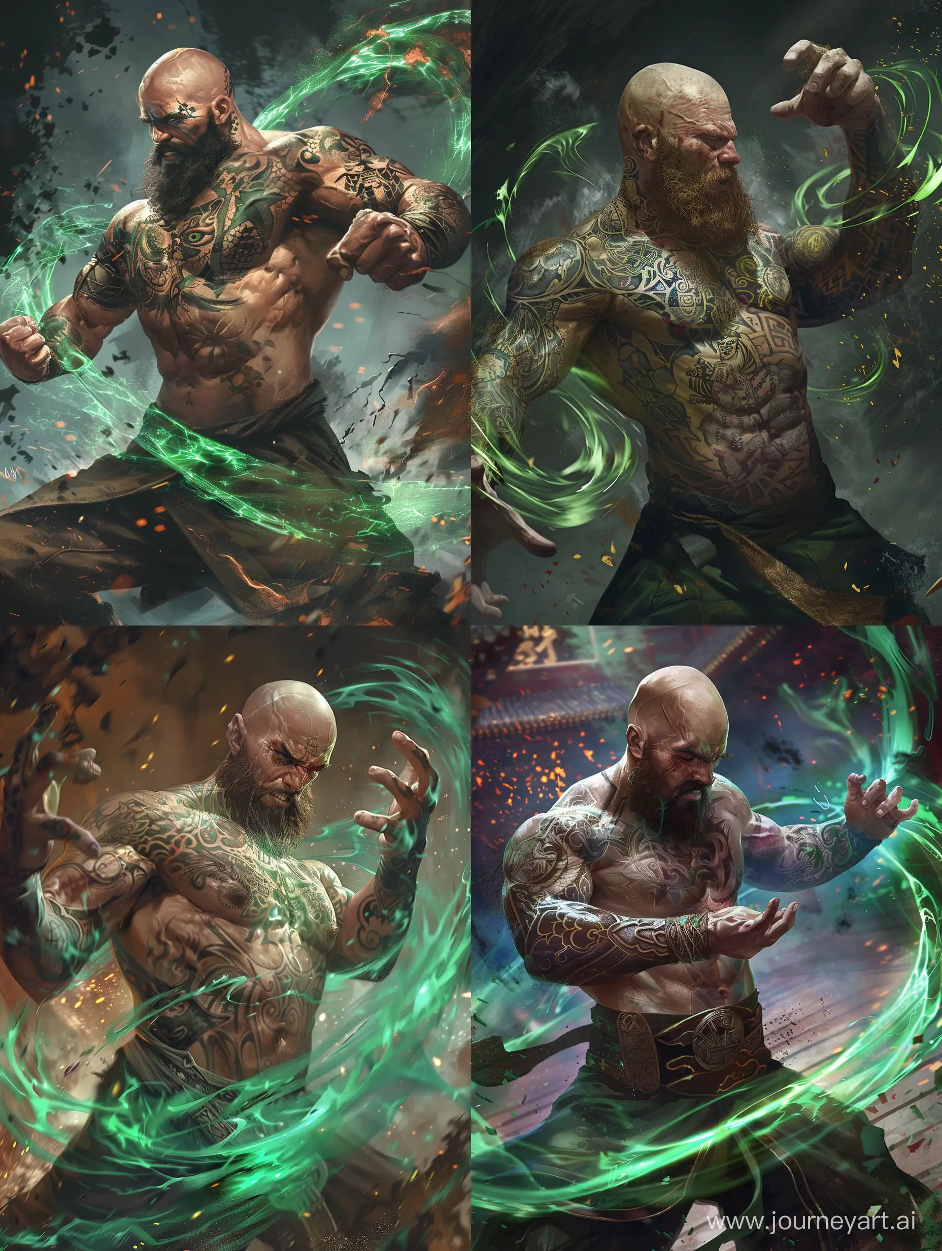 Bald, bearded, muscular guy, his whole body covered in tattoos, bare torso, fighter in the arena, engages in hand-to-hand combat. A monk, green energy pulsating and swirling around his hands. Dark Fantasy with magic. --v 6 --ar 3:4 --no 46
