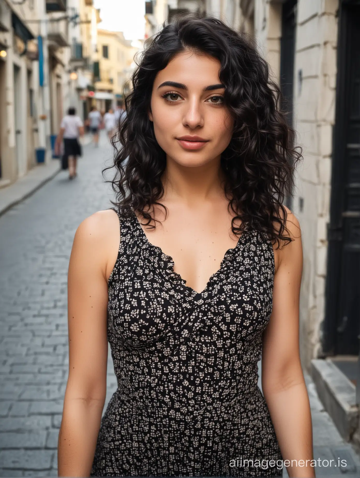 Smiling Greek Woman with Wavy Black Hair Enjoying Sunlight Outdoors ...